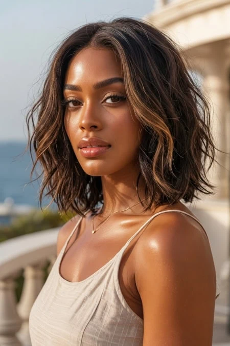 A woman with shoulder-length wavy hair and glowing skin posing outdoors on a sunny day, wearing a beige tank top, with a blurred background of a balcony and ocean view.