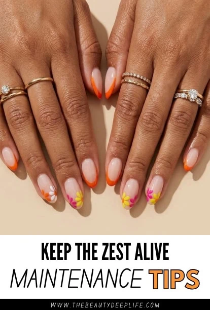 Bright manicure with floral accents, emphasizing beauty and self-care tips.
