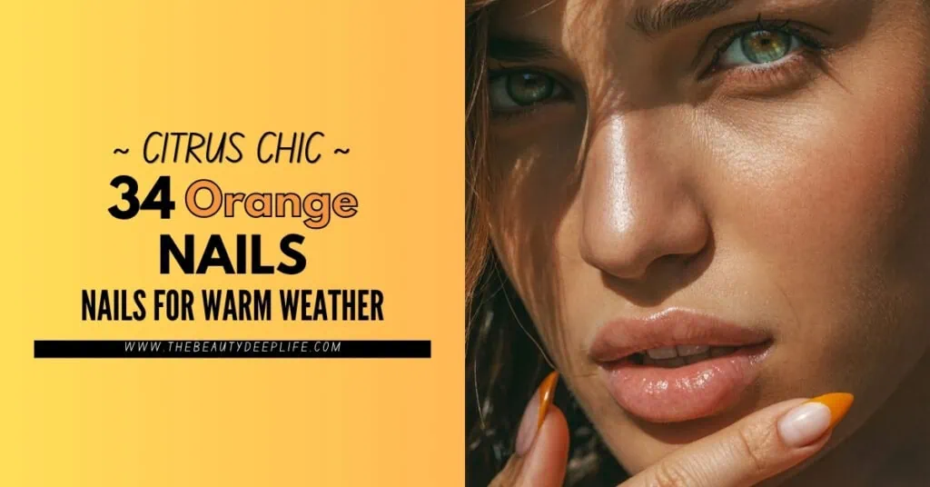 A woman with beautifully manicured orange nails, close-up shot emphasizing the vibrant nail color and skin tone, promoting citrus-inspired chic nail art for warm weather.