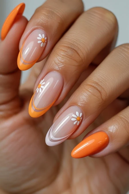 Bright orange and white floral nail art on well-manicured nails, featuring daisy designs and curved lines, perfect for spring or summer fashion.