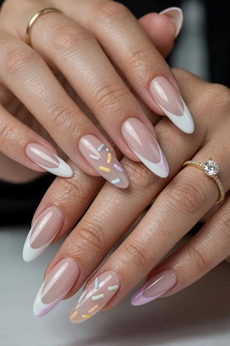 Elegant manicured nails with pastel pink, purple, and white French tips, accented with colorful nail art, gold rings, and a diamond ring, showcasing beauty and nail art design.