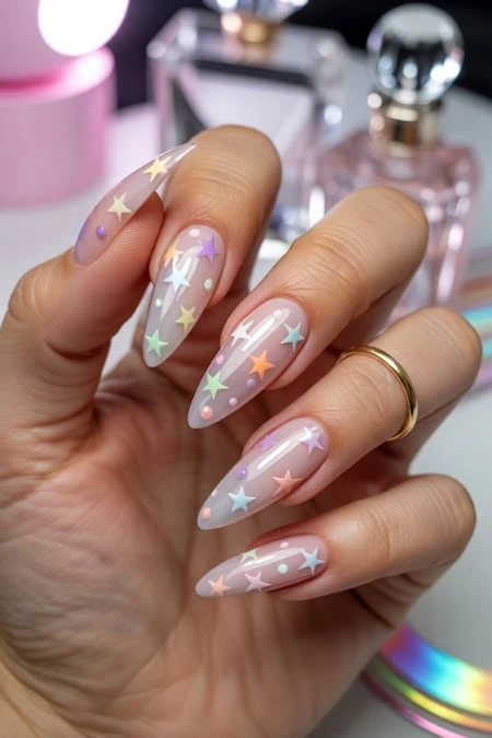Bright pastel star-themed nail art with long almond-shaped nails, featuring a clear glossy base and multicolored stars, perfect for a trendy, playful look.