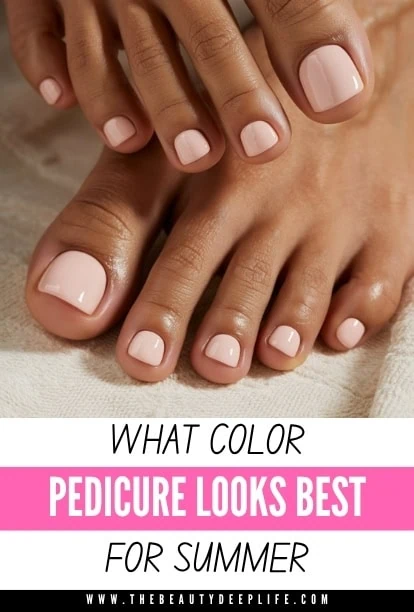 Pedicure with soft pink nail polish on toes, perfect for summer and enhancing foot beauty. Ideal for a relaxing spa day or personal grooming routine.