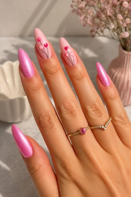 A beautiful hand with pink metallic nails and delicate nail art featuring pink dots and black lines, adorned with rings, against a soft background with pink flowers and a vase.