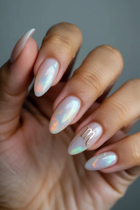 Elegant hand with long, almond-shaped nails featuring iridescent white gel polish and a gold letter "m" accent, showcasing modern nail art and beauty care.