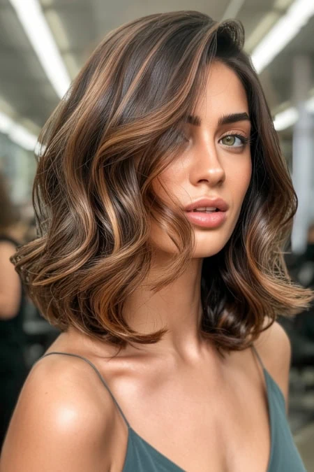 A woman with wavy, shoulder-length brown hair and natural makeup, posing in a modern indoor setting with bright lighting. Perfect for beauty, hair styling, and skincare content.