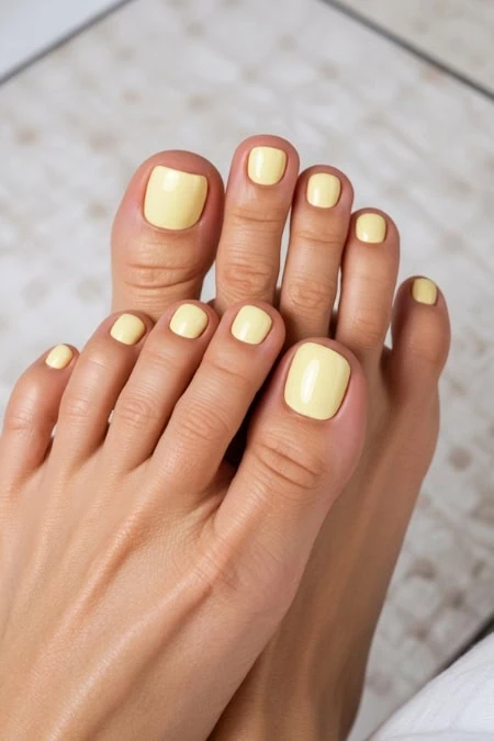 Soft yellow nail polish on neatly manicured fingernails, showcasing a fresh and clean look for healthy nails and hand care.