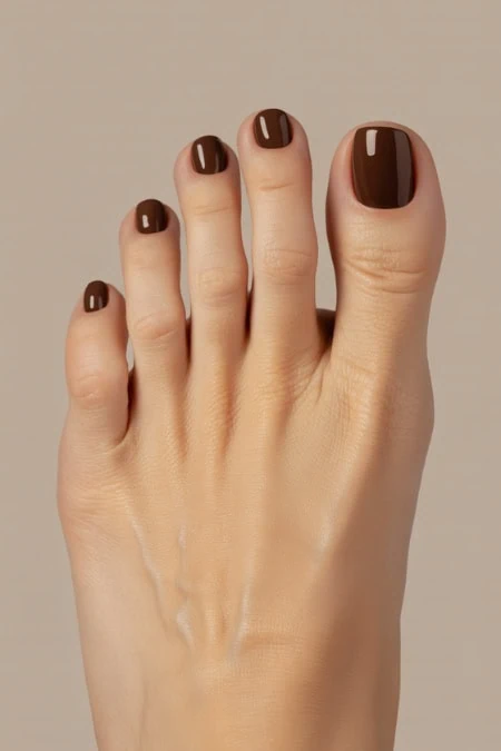 Beautiful close-up of a well-manicured foot showcasing a professional brown pedicure with neatly painted toenails, perfect for beauty and self-care enthusiasts.