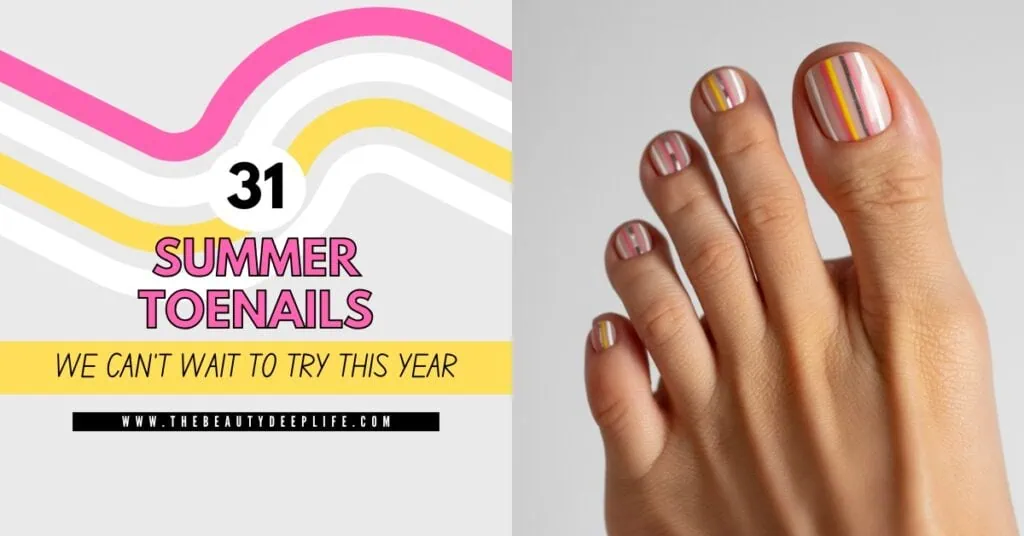 Bright and colorful toenail design featuring vertical stripes in pink, yellow, and white, perfect for summer fashion and foot care.
