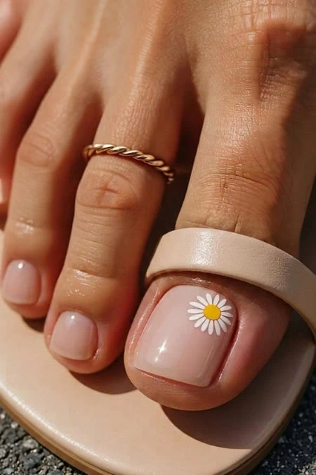 Elegant toenail with daisy nail art, gold ring, and beige anklet, highlighting natural beauty, trendy nail design, and stylish accessories for a fashionable look.