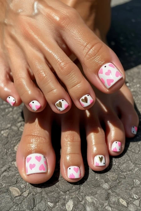Vibrant pedicure featuring pink, white, and gold heart and bird designs on toenails, perfect for summer or special occasions. Showcasing creative, trendy nail art with a playful and charming aesthetic.
