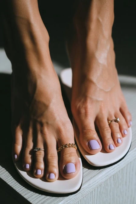 Relaxing pedicure featuring well-groomed feet with purple nail polish, showcasing self-care and beauty routines. Perfect for promoting wellness, skincare, and nail care tips on The Beauty Deep Life.