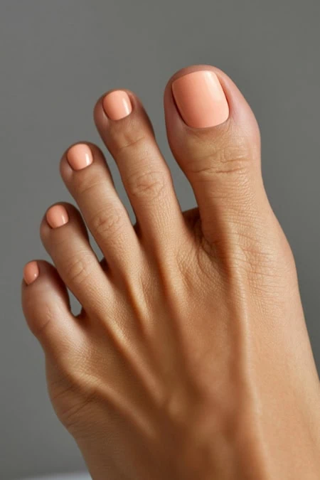 Close-up of a well-manicured foot with neatly shaped toenails painted in a soft nude color, showcasing healthy skin and perfect grooming.