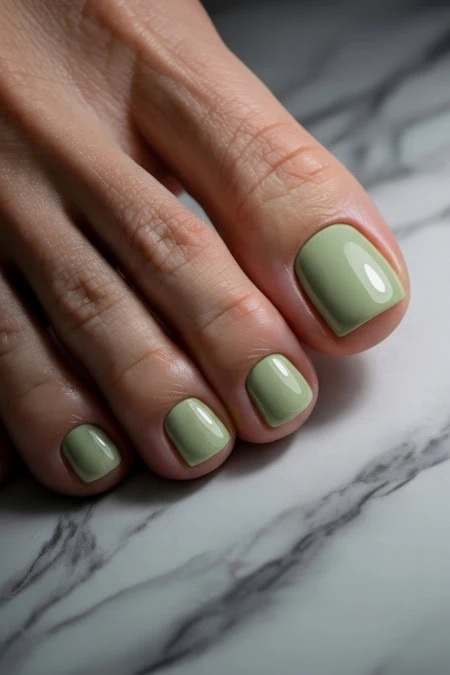 Natural green nail polish on neatly manicured fingernails, showcasing a fresh and elegant look for healthy nails and beauty care.