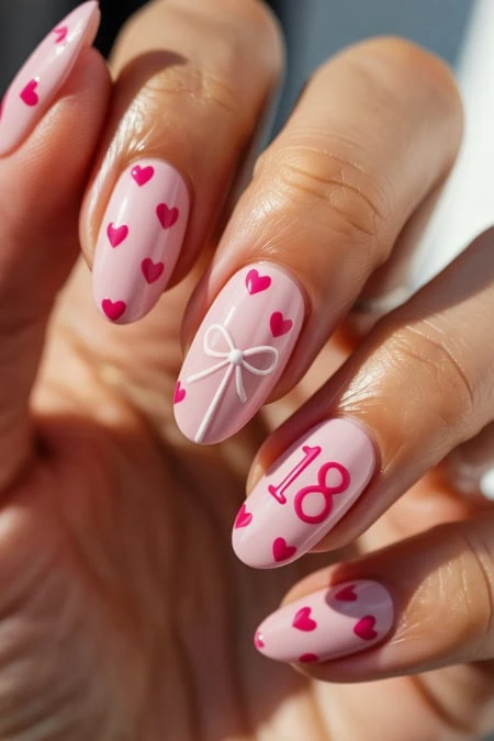 Elegant Valentine's Day nail art featuring pink and white hearts, a delicate bow, and the number 18 on a soft pink background, perfect for celebrating special occasions or adding a romantic touch.