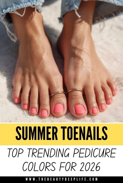 Bright pink toenails with pedicure, summer foot care, trendy nail polish colors, fashionable pedicure ideas for 2026, beach-ready toenail style, vibrant nail art, foot beauty tips, summer skincare.