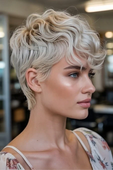A lush, platinum blonde, short curly hairstyle on a young woman with clear skin and blue eyes, showcasing modern, trendy haircuts for women.