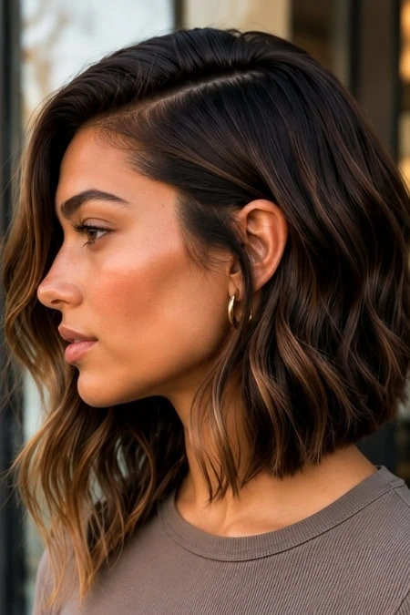 A woman with shoulder-length wavy hair, wearing gold hoop earrings and a neutral-colored top, standing outdoors in front of a modern building with glass windows.