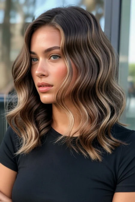 Enhance your natural beauty with stylish, wavy brunette hair featuring subtle highlights, perfect for a modern, sophisticated look. Ideal for beauty, haircare, and styling inspiration.