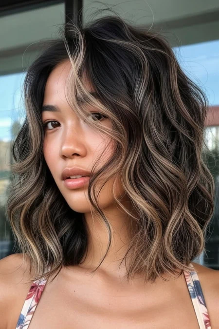 A woman with wavy, shoulder-length hair featuring balayage highlights, posing outdoors with a blurred background of a building and sky, showcasing modern hair coloring and styling.