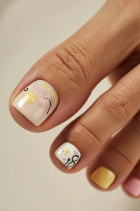 Elegant pastel-colored nail art featuring abstract designs with yellow, pink, and black accents on a manicured hand. Perfect for beauty and fashion enthusiasts seeking stylish nail inspiration.