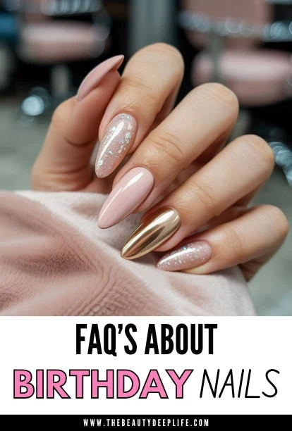 Elegant manicured nails with glitter, gold, and pastel pink polish, showcasing stylish birthday nail designs for celebrations and special occasions. Perfect for beauty and nail art enthusiasts.