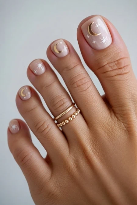 Celestial moon and star nail art with gold rings, featuring a soft pastel color palette and intricate design, perfect for beauty and nail art enthusiasts.