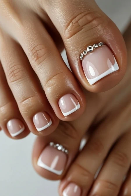 French manicure with rhinestone embellishments on well-groomed nails, showcasing a sophisticated and stylish nail art design perfect for beauty and fashion enthusiasts.