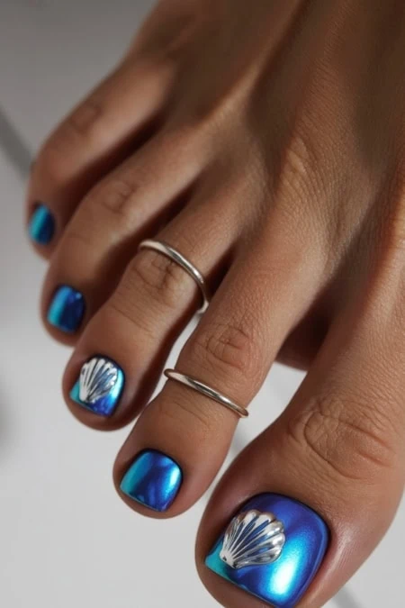 Beautiful metallic blue nail art featuring a white shell design on the thumbnail, showcasing a stylish and ocean-inspired manicure.