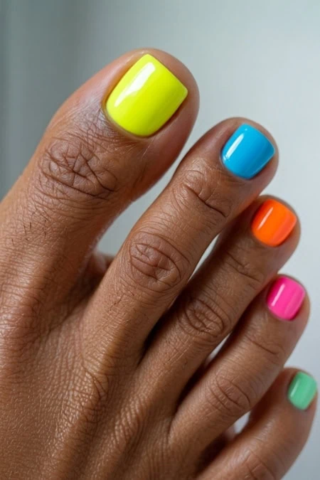 Vibrant neon nail polish on well-manicured fingers, showcasing a variety of bold, eye-catching colors including yellow, blue, orange, pink, and green, perfect for a fun and trendy look.