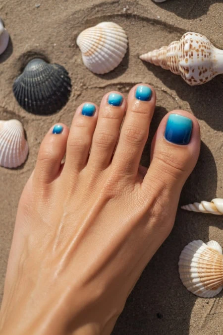 Blue nail polish manicure on well-manicured hand with seashells on sandy beach background.