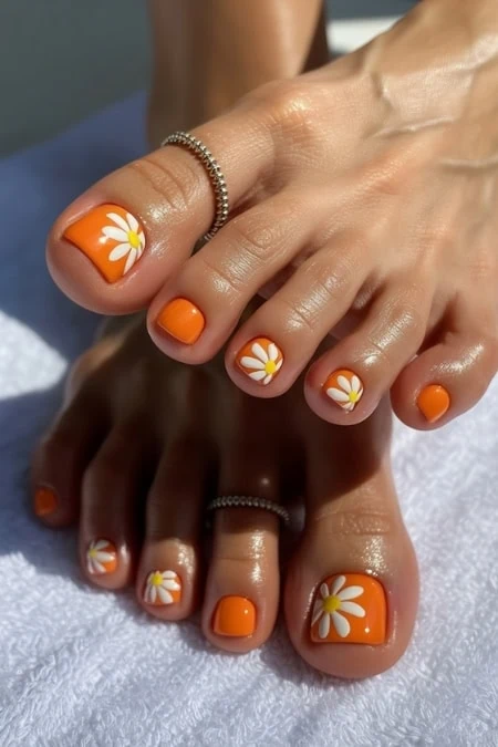 Bright orange toenails with sunflower flower designs for a cheerful summer look.