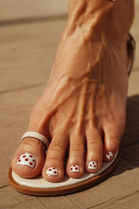 Foot massage, pedicure, and nail art featuring white polish with red polka dots, emphasizing self-care and beauty routines.