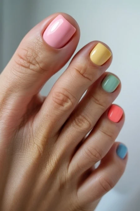Colorful manicured nails with pastel shades, showcasing nail art and beauty care.