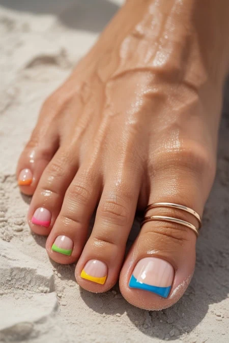 Colorful toenails with vibrant nail polish on a well-groomed foot resting on sandy beach.