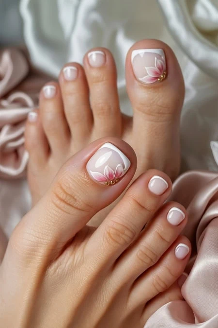 Elegant floral nail art with soft pink and white design on toenails, featuring delicate flower patterns perfect for spring or summer.