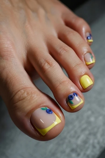 Bright yellow pedicure with blueberry nail art on toenails, featuring a fresh and vibrant summer look. Perfect for enhancing foot beauty and showcasing creative nail designs.