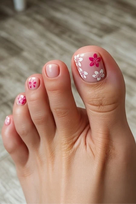 Floral toenail art featuring pink and white flower designs on toenails, perfect for a stylish and feminine look.