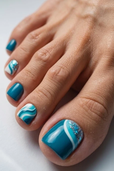 Blue gel nail polish with white and blue swirl design and glitter accent on the big toe.