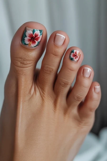 Nail art featuring vibrant hibiscus flower designs on toenails, showcasing detailed floral patterns and well-groomed nails for a stylish, summery look.