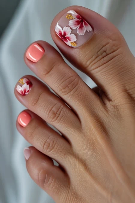 Beautiful pedicure featuring pink polish and detailed cherry blossom nail art on big toe.
