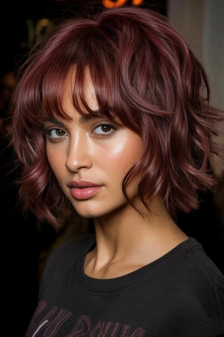 A woman with shoulder-length, wavy red cherry cola hair and bangs, wearing a black top, looking directly at the camera with a confident expression, in a professional studio setting.