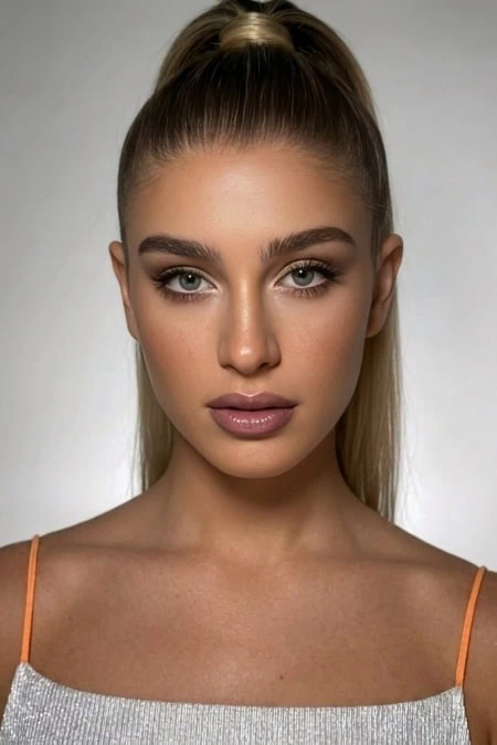 A woman with flawless makeup and a slick back high ponytail hairstyle, wearing a silver top with orange straps, looking directly at the camera with a neutral expression, against a plain light background.