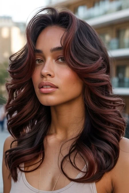 Elegant woman with long, wavy brunette hair styled with soft curls, wearing natural makeup, outdoors in an urban setting, showcasing beauty and hair styling for a lifestyle or beauty blog.