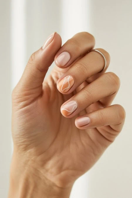 Close-up of a woman's hand with manicure featuring a minimalist peach and white swirl design.