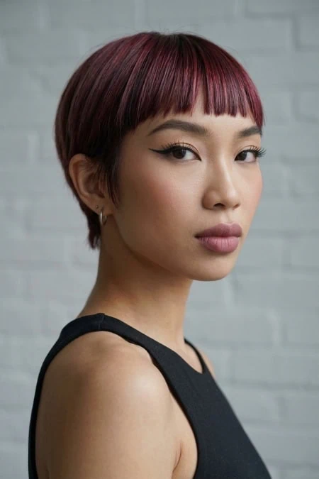 A woman with short, sleek cherry cola pixie hair and bold eyeliner, wearing a black sleeveless top, posing against a light gray brick wall background.