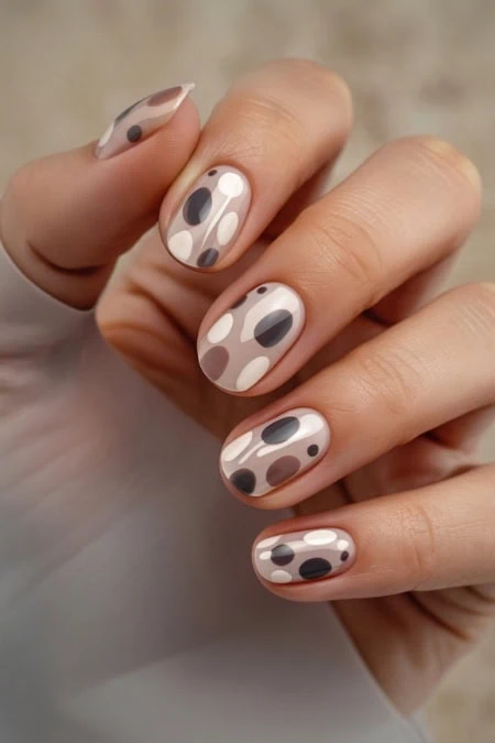 Trendy beige and black polka dots on well-manicured fingers, perfect for fashion-forward and beauty-conscious individuals.