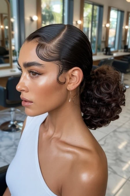 A woman with elegant vintage-inspired slick back hairstyle featuring sleek waves and a voluminous curly ponytail, in a modern salon setting with large windows and bright lighting.