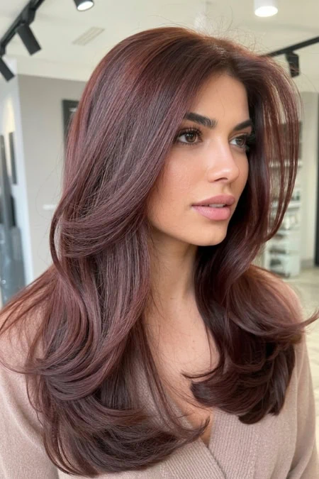 Elegant brunette cherry moacha hair on woman with long, voluminous hair styled in soft waves, showcasing healthy, shiny hair in a modern salon setting, perfect for beauty and hair care themes.