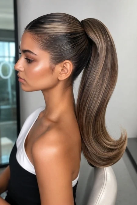 A woman with long, sleek, slick back ponytail hairstyle showcasing smooth, shiny hair in a professional salon setting. Perfect for beauty, hair styling, and hair care content.